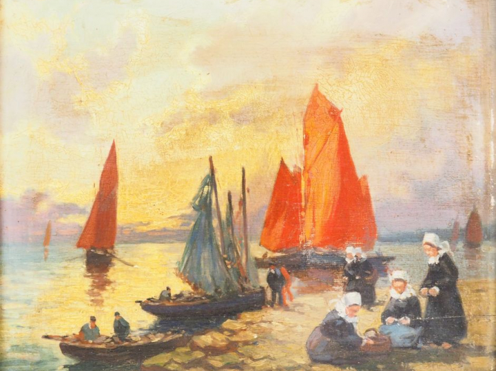 Henri Alphonse BARNOIN. "Retour de pêche".  Huile sur panneau, signée 