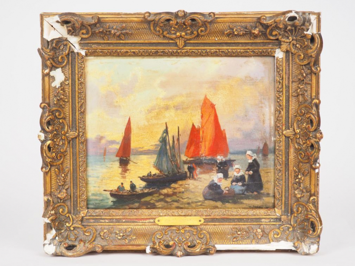 Henri Alphonse BARNOIN. "Retour de pêche".  Huile sur panneau, signée 