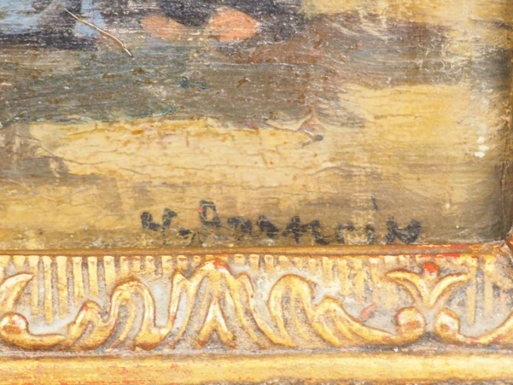 Henri Alphonse BARNOIN. "Retour de pêche".  Huile sur panneau, signée 