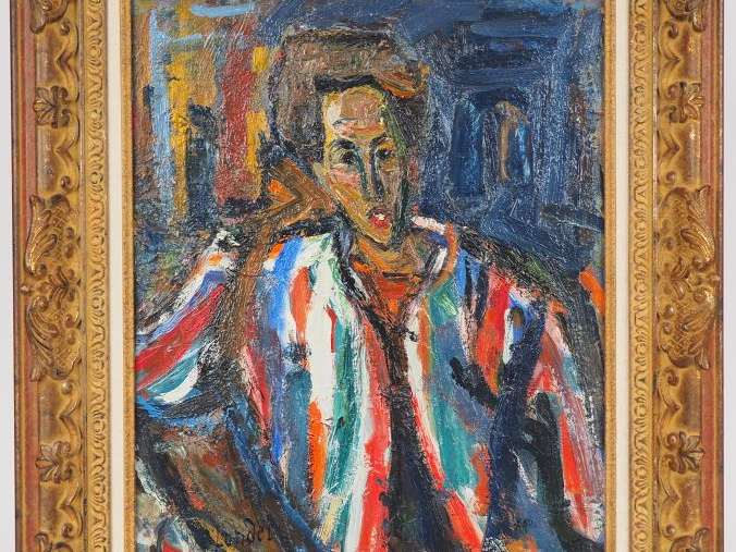 BLONDEL"Lisou à la blouse rayée" Huile sur panneau, signée en bas à ga