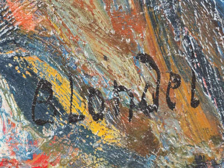 BLONDEL"Lisou à la blouse rayée" Huile sur panneau, signée en bas à ga