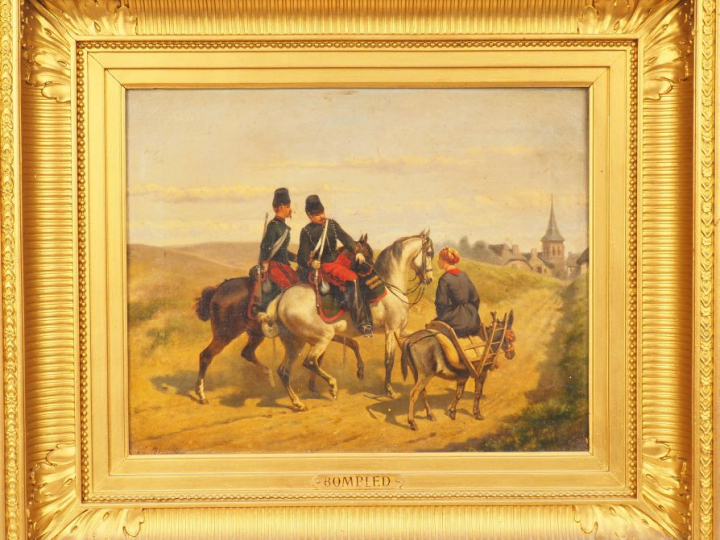 BOMBLED "Soldats et jeune fermière" Huile sur toile, signée en bas à g