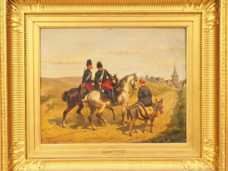 Vente aux enchères BOMBLED "Soldats et jeune fermière" Huile sur toile, signée en bas à g