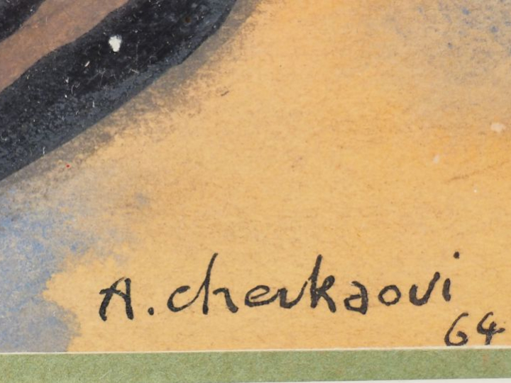 Ahmed CHERKAOUI. "Composition".  Technique mixte sur papier, signée en