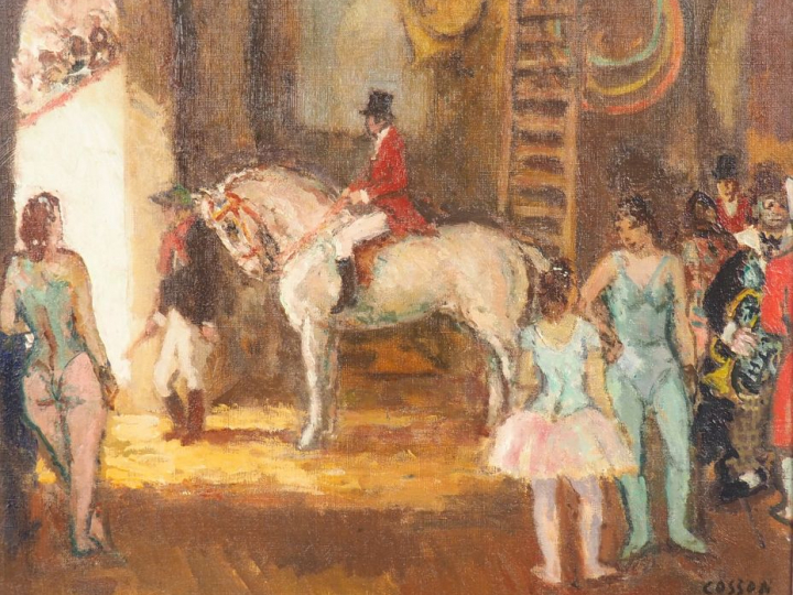 COSSON "Les coulisses du cirque". Huile sur toile, signée en bas à dro
