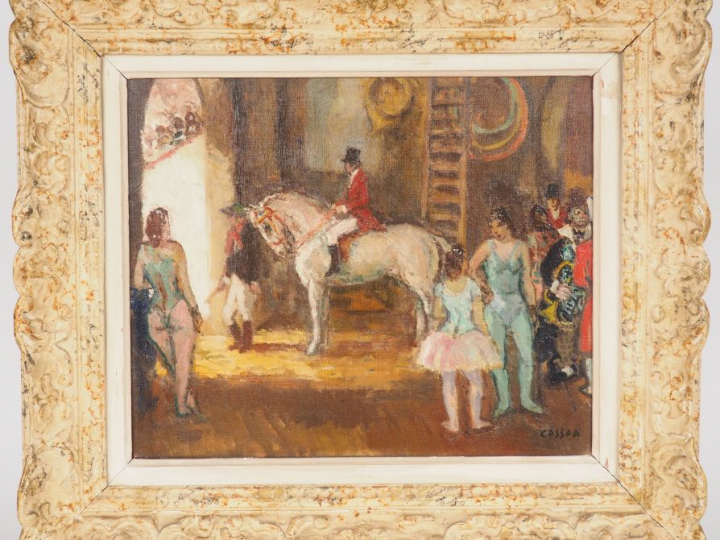 COSSON "Les coulisses du cirque". Huile sur toile, signée en bas à dro