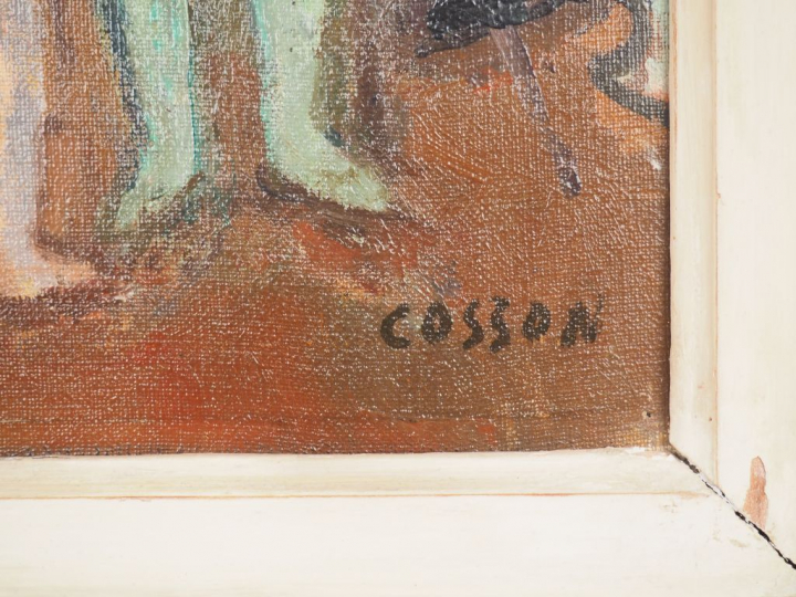 COSSON "Les coulisses du cirque". Huile sur toile, signée en bas à dro