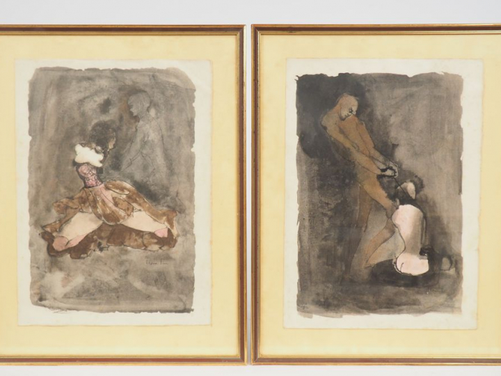 Léonor FINI "Scènes érotiques".  Paire d'aquarelles  Dim. 38,5 x 27,5 