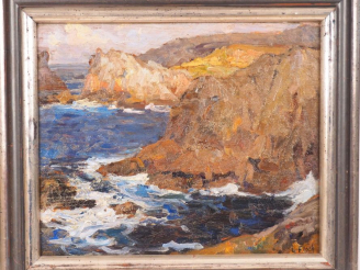 Vente aux enchères FLOCH "Cote rocheuse en bretagne". Huile sur panneau, signée en bas à 