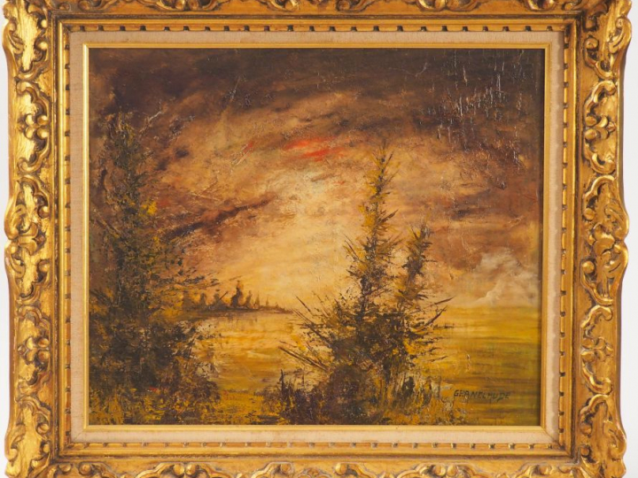 GEANCLAUDE "Paysage lacustre" Huile sur toile, signée en bas à droite 