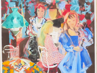Vente aux enchères GRAU SALA "le concert familial". Gouache signée en bas à gauche et dat
