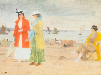Vente aux enchères Victor GILBERT "Elégantes sur la plage" Aquarelle, signée en bas à gau