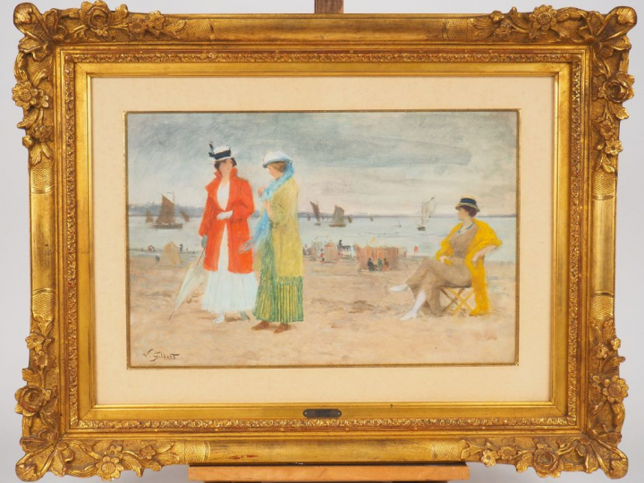 Victor GILBERT "Elégantes sur la plage" Aquarelle, signée en bas à gau