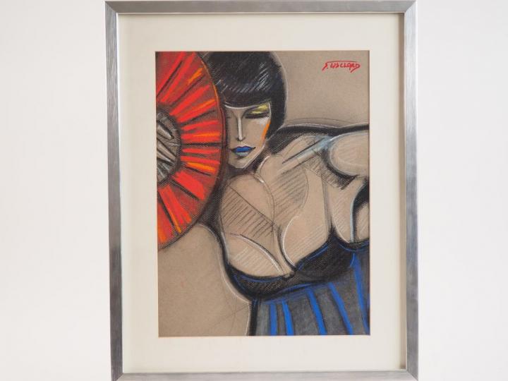 GISCLARD "Danseuse à l'éventail". Pastel, signé en bas à droite. Dim. 