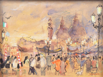 Vente aux enchères LEBERGER "Vue de Venise". Aquarelle, signée en bas à droite