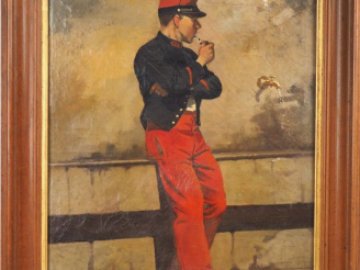 Vente aux enchères MONGE "Soldat fumant la pipe" Huile sur toile, signée en bas à gauche 