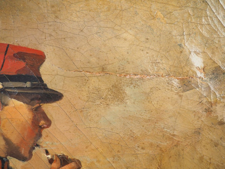 MONGE "Soldat fumant la pipe" Huile sur toile, signée en bas à gauche 