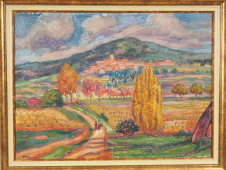Vente aux enchères PESKE "La plaine de Bormes en hiver". Huile sur toile, signée en bas à