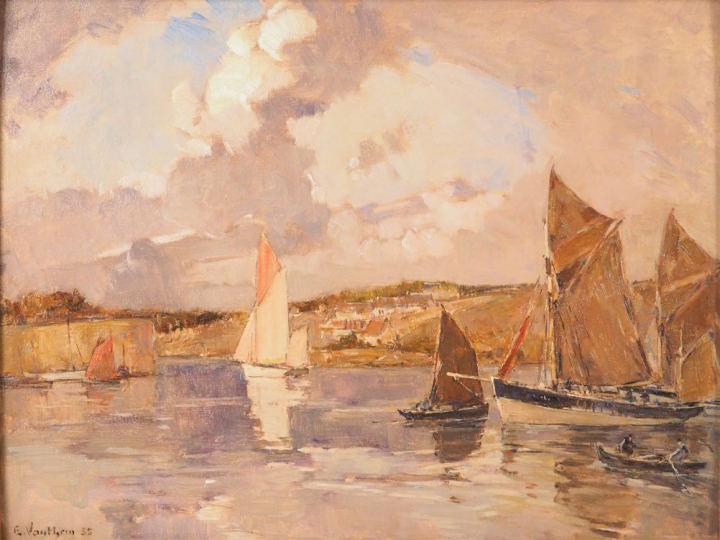 VAUTHRIN "Le port de Concarneau". Huile sur panneau, signée en bas à g