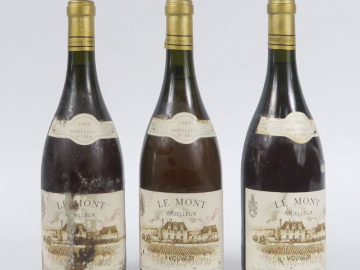 3 BOUTEILLES VOUVRAY HUET 'LE MONT' MOELLEUX 1ere TRIE - 1989 - 2 CM /