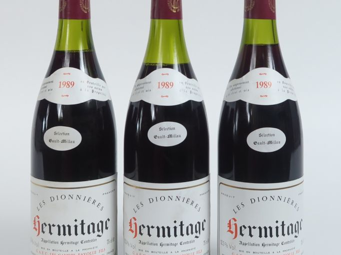 3 BOUTEILLES HERMITAGE 'LES DIONNIERES' FAYOLLE - 1989 - 1 à 2,5 CM/1 