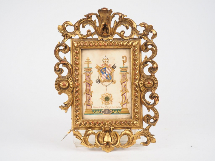 Reliquaire XIXème contenant les cheveux du Pape Pie IX, cadre en bois 