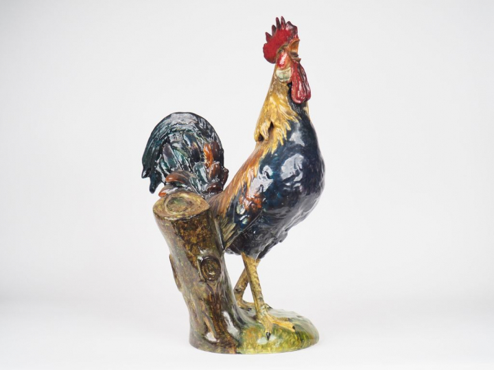 Jérôme MASSIER. "Coq chantant". Sculpture en faïence polychrome de Val