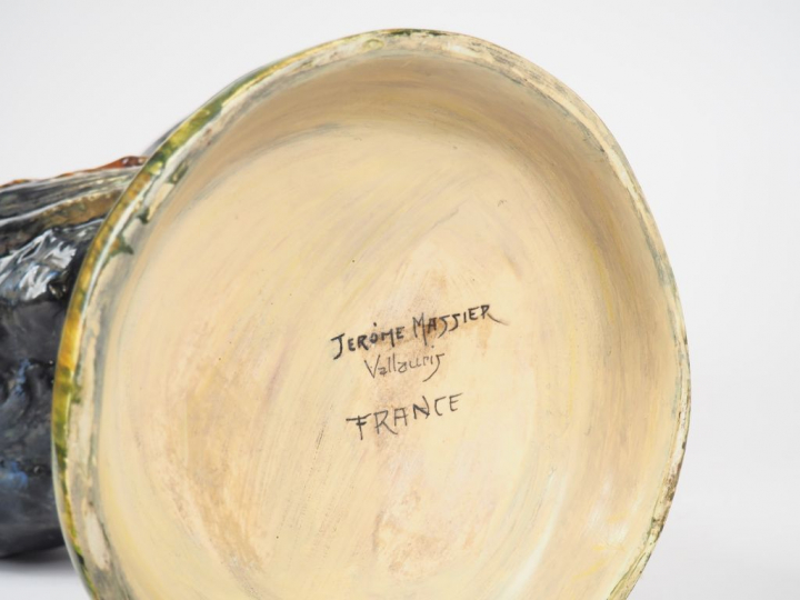 Jérôme MASSIER. "Coq chantant". Sculpture en faïence polychrome de Val