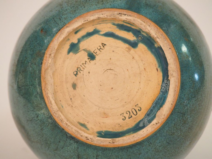 PRIMAVERA. Vase boule à cinq cols en céramique turquoise flammée. Sign