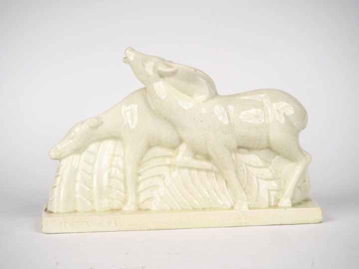 LEMANCEAU. "Biches". Sculpture en faïence craquelée de St Clément. Sig