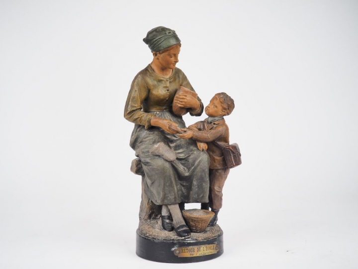 J. Le GULUCHE. "Retour de l'école". Groupe en terre cuite polychrome. 