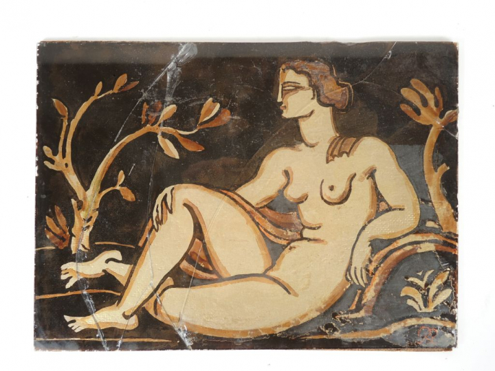 R. BUTHAUD.  Fixé sous verre "femme nue dans un paysage".  Dim. 23 x 3