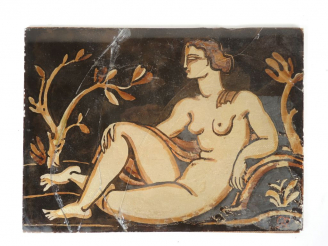 Vente aux enchères R. BUTHAUD.  Fixé sous verre "femme nue dans un paysage".  Dim. 23 x 3