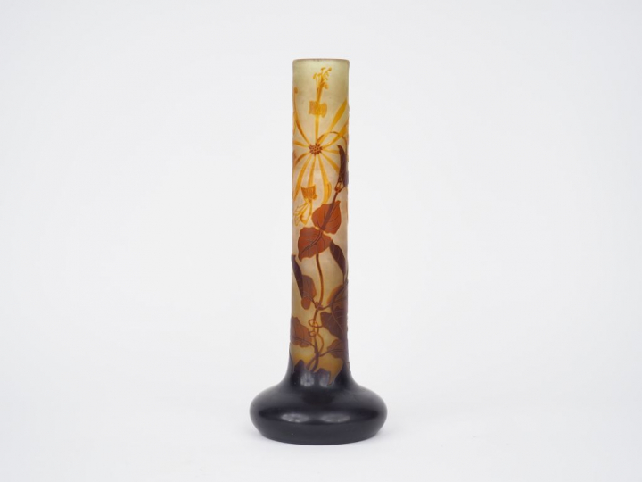 GALLE. Vase tube en verre multicouche à décor gravé en camée et à l'ac