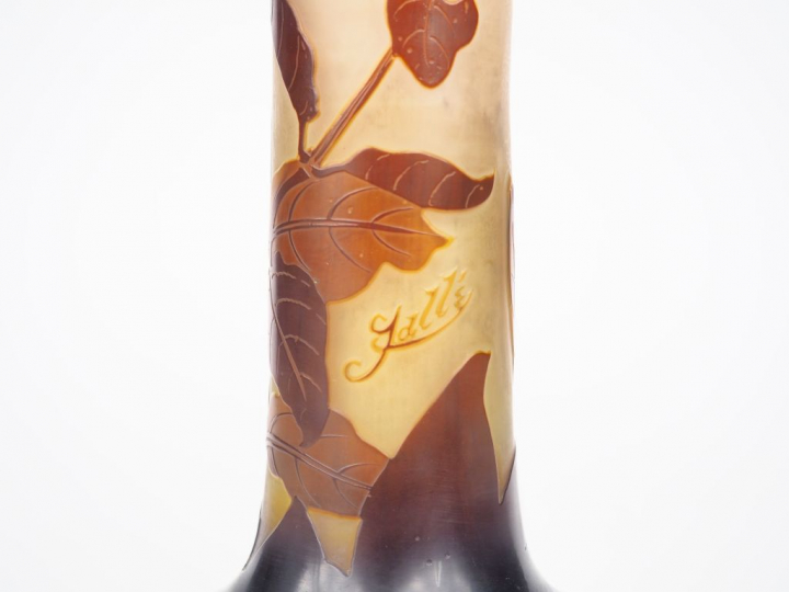 GALLE. Vase tube en verre multicouche à décor gravé en camée et à l'ac