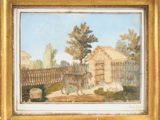 Vente aux enchères Ecole française début XIXème. "chêvres dans leur enclos". Soie brodée 