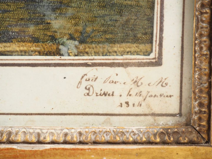 Ecole française début XIXème. "chêvres dans leur enclos". Soie brodée 