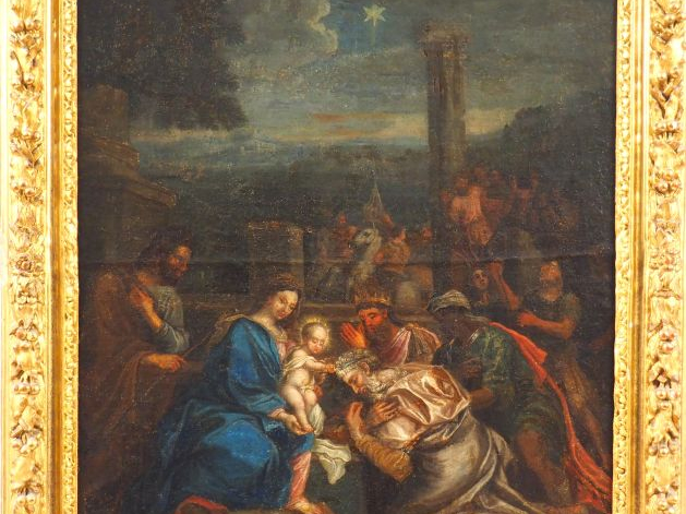 Ecole française XVIIème  « L’Adoration des mages » Huile sur toile.  D