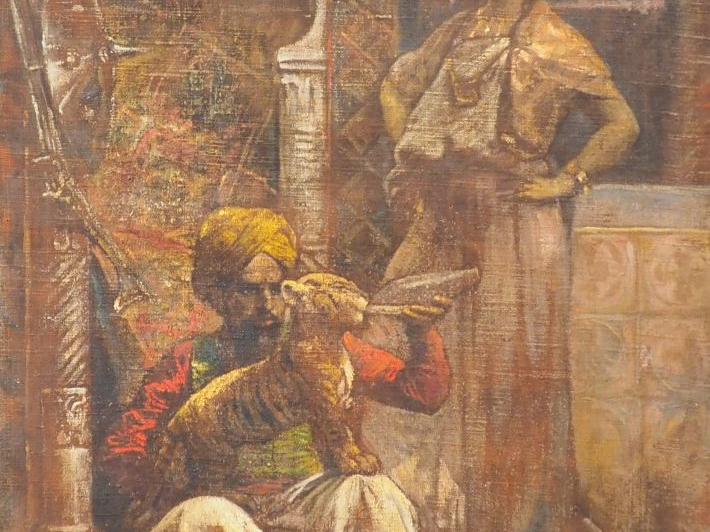 Ecole orientaliste fin XIXème début XXème. "Guerrier arabe nourissant 