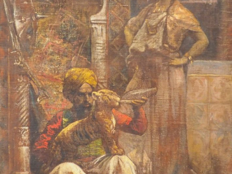 Vente aux enchères Ecole orientaliste fin XIXème début XXème. "Guerrier arabe nourissant 