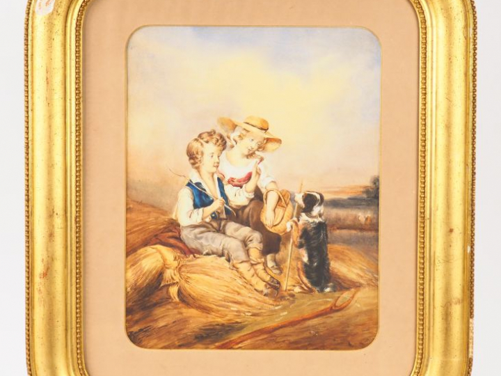 Ecole française XIXème. "Deux enfants jouant avec leur chien". Aquarel