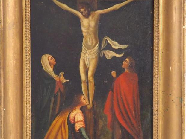 Ecole française XIXème. "Crucifixion". Huile sur panneau. Dim. 51 x 35