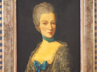 Vente aux enchères Ecole française XIXème. "Portrait d'élégante au ruban bleu". Huile sur