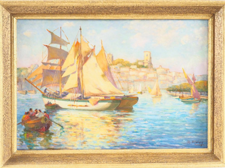 Ecole française XXème. "Goélettes dans le port de Cannes".  Huile sur 