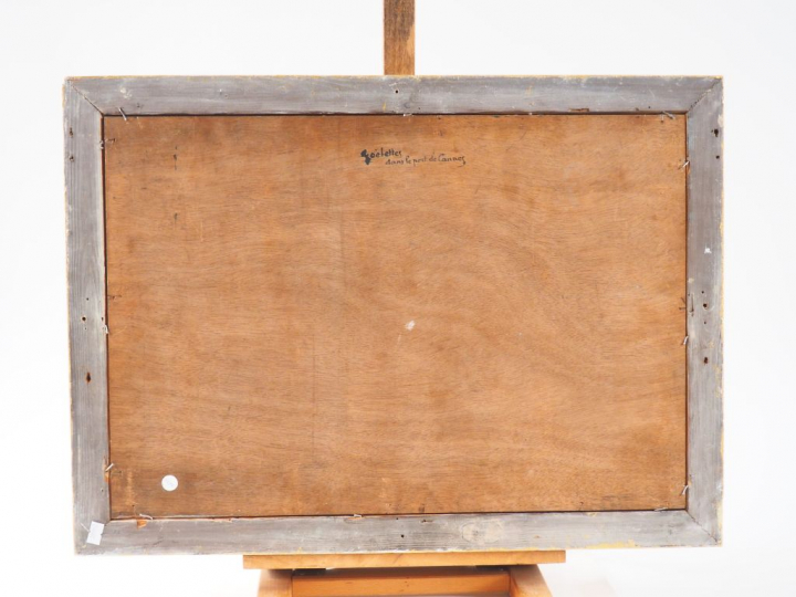 Ecole française XXème. "Goélettes dans le port de Cannes".  Huile sur 