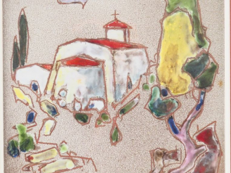 Vente aux enchères Ecole française XXème. "Eglise de la campagne". Plaque en céramique ém