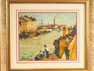 Vente aux enchères E. BATTISTA. "Sète". Huile sur papier signée et titrée en bas à gauche