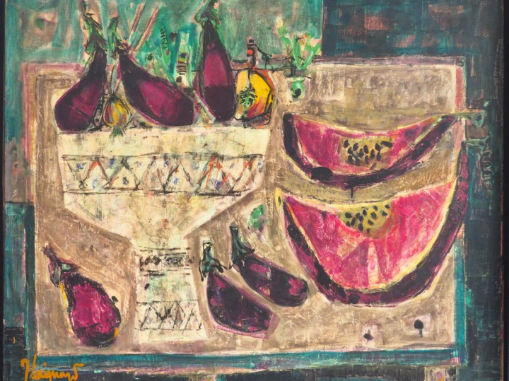 James COIGNARD. "Nature morte à la pastèque et aux aubergines". Huile 