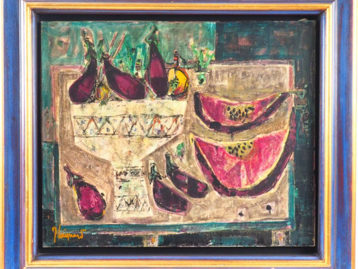 James COIGNARD. "Nature morte à la pastèque et aux aubergines". Huile 