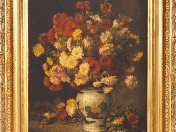 Charles DESHAYES. "Bouquet de fleurs dans un vase en faïence". Huile s